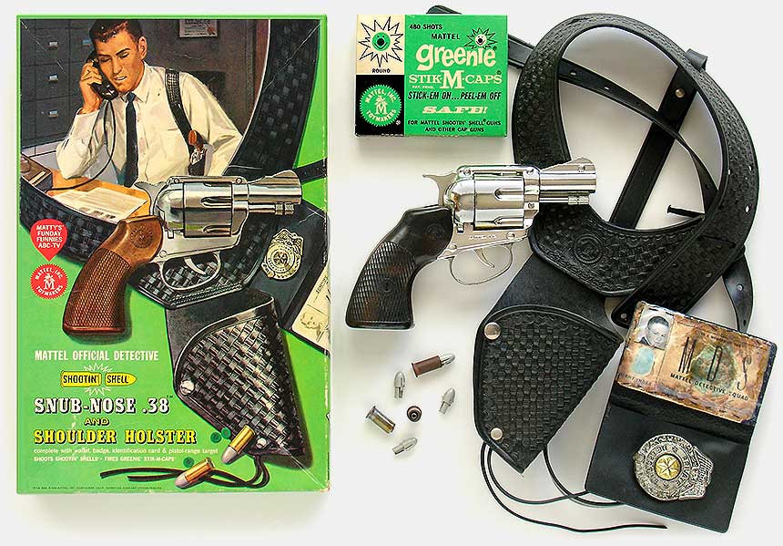 Vintage Mattel Official Detective Shootin' Shell Snub-Nose .38 toy gun, holster, badge, id card, box, greenie stik-M-caps. 'For about six months when I was five years old, I was a private detective...and I was packing heat...' From 'Toy Guns, Space Guns' at the web's largest private collection of antiques & collectibles: https://www.ericwrobbel.com/collections/toy-guns.htm