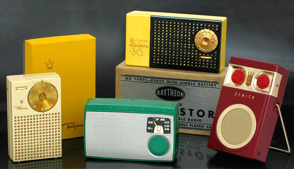 Collectors like to get the FIRST of something. The Regency TR-1 (left) was the world's first transistor radio (1954); the Sony TR-55 (center, green) was the first transistor radio in Japan and the first product ever to bear the Sony name. The first Raytheon pocket transistor was their T-100 model and Zenith's first was their Royal 500. From 'First Transistor Radios' at the web's largest private collection of antiques & collectibles: https://www.ericwrobbel.com/collections/transistor-radios.htm