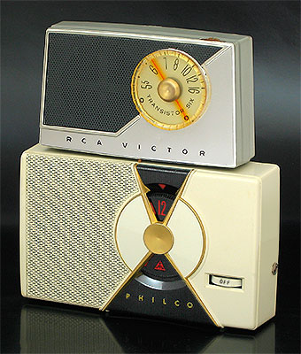 Collectors like to get the FIRST of something. These are the first transistor radios from RCA and Philco. The RCA is model 7-BT-9J (1955, USA) and below it is the larger, plastic Philco T-7 (1956, USA). From 'The First Transistor Radios' at the web's largest private collection of antiques & collectibles: https://www.ericwrobbel.com/collections/transistor-radios.htm