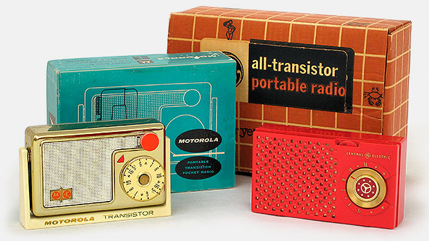 Collectors like to get the FIRST of something. Here are the first transistor radios from Motorola and General Electric. The metal-cased Motorola is a 56T1 model (1955, USA) and has a swing handle which houses its antenna. The General Electric 677 (1955, USA) looks suspiciously like the Regency TR-1 turned sideways. From 'The First Transistor Radios' at the web's largest private collection of antiques & collectibles: https://www.ericwrobbel.com/collections/transistor-radios.htm
