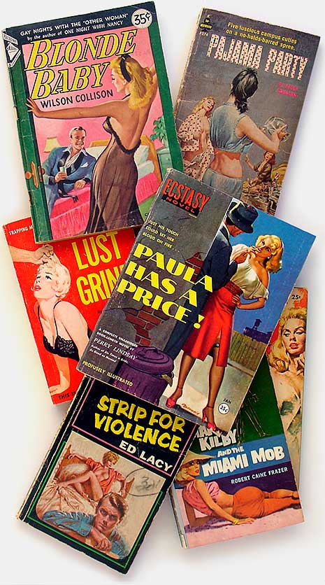 Vintage trashy novels: 'Five luscious campus cuties on a no-holds-barred spree!' Or how about 'Just his touch could set her blood on fire...Paula Has a Price!' And the titles: 'Strip for Violence,' 'Lust Grind.' Yikes! From 'Trashy Novels' at the web's largest private collection of antiques & collectibles: https://www.ericwrobbel.com/collections/trashy-novels.htm