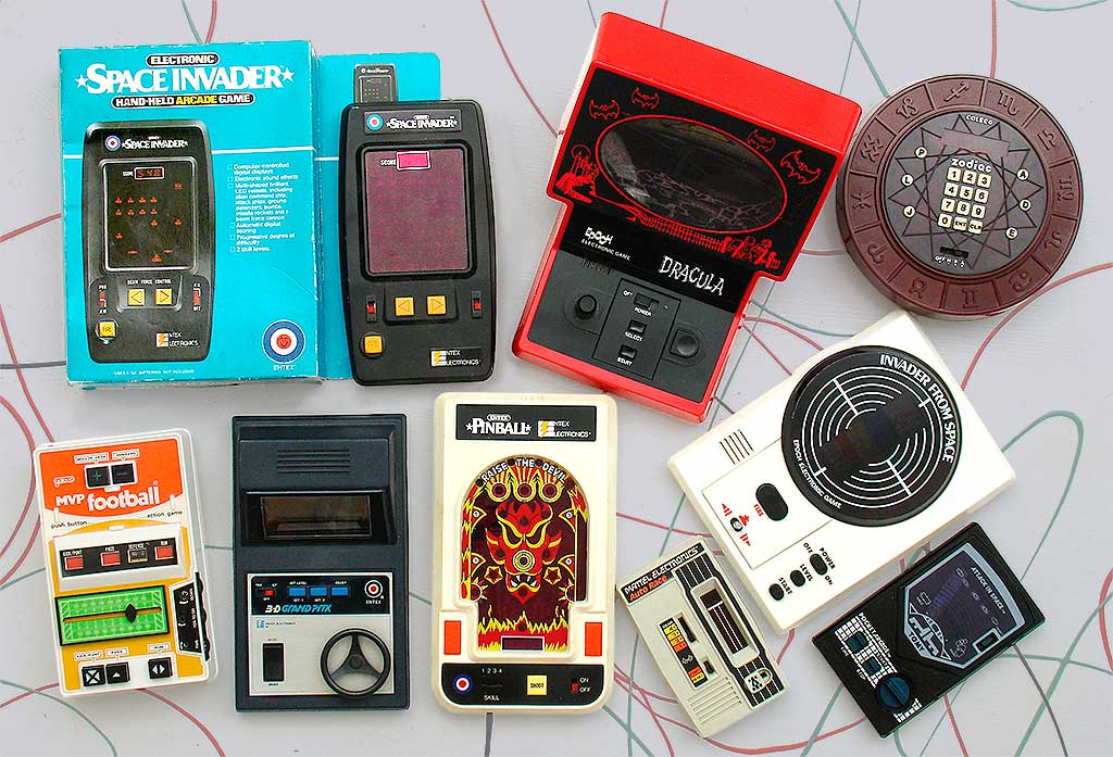 Collectible video games: Space Invader, Entex, 1980, Epoch's Dracula, 1982. Coleco's Zodiac, c.1980, MVP Football, Galoob (1978) isn't exactly 'video.' Entex 3D Grand Prix,1981, the fiery Entex pinball game 'Raise the Devil' is 1980. Mattel Electronics' Auto Race game is 1976. 'Invader From Space,' Epoch, 1980, Tomy 'Attack In Space' c. 1980. From 'Early Video Games' at the web's largest private collection of antiques & collectibles: https://www.ericwrobbel.com/collections/video-games.htm