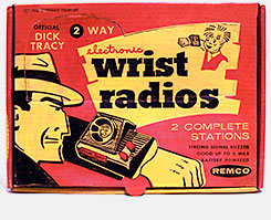 They wouldn't lie to a kid, would they? According to the box, these Dick Tracy Walkie Talkies are wireless and 'good up to 1/2 mile.' But alas, inside the sealed box--discovered AFTER you bought them--is the truth: a coil of wire. Yes, these walkie talkies have to be connected with wire. And we're only giving you twenty feet of it, too! From 'Walkie Talkies' at the web's largest private collection of antiques & collectibles: https://www.ericwrobbel.com/collections/walkie-talkies.htm