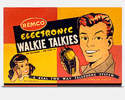 The Remco 'Electronic' Walkie Talkies from 1951 were shown on the box as wireless transceivers. That they weren't. The box boasted that they used no batteries, but that made them even more primitive than Alexander Graham Bell's original telephone patent. Oh well, kids like to shout, don't they? From 'Walkie Talkies' at the web's largest private collection of antiques & collectibles: https://www.ericwrobbel.com/collections/walkie-talkies.htm