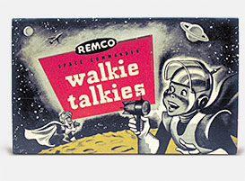 These 'Remco Space Commander' walkie-talkies are 'string phones' (like the old do-it-yourself tin can telephone). As a kid in the '50s, you were likelier to walk on the moon than hear anything out of them. The taut string between units--required for them to work at all--is somehow missing from the picture on the box. From 'Walkie Talkies' at the web's largest private collection of antiques & collectibles: https://www.ericwrobbel.com/collections/walkie-talkies.htm
