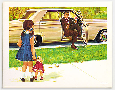 'Come Ride With Me' school 'teaching 'picture' from David C. Cook Publishing, 1965. It is captioned 'To teach that children should never get into a car with someone they do not know. Children should be taught to be polite to everyone. But they should be instructed not to talk to strangers or even to those whom they know outside of their own yard.' From the web's largest private collection of antiques & collectibles: https://www.ericwrobbel.com/collections/way-things-were-2.htm