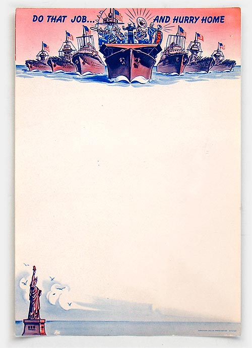 'Do That Job...And Hurry Home' stationery from World War 2 shows the fleet being led by a brass band. Rah rah rah. From 1940s vintage set of 'Keep 'Em Smiling Humorous Letterheads' illustrated with gags, cliches, and stereotypes. More examples at 'More of The Way Things Were' at the web's largest private collection of antiques & collectibles: https://www.ericwrobbel.com/collections/way-things-were-2.htm